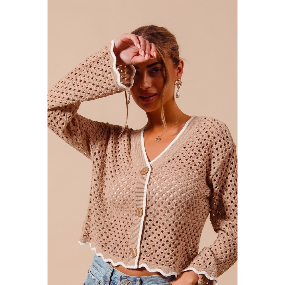 SO‎ ME Open Knit Light Weight Sweater Cardigan With Contrast Wavy Scallop Edge L - Picture 2 of 10